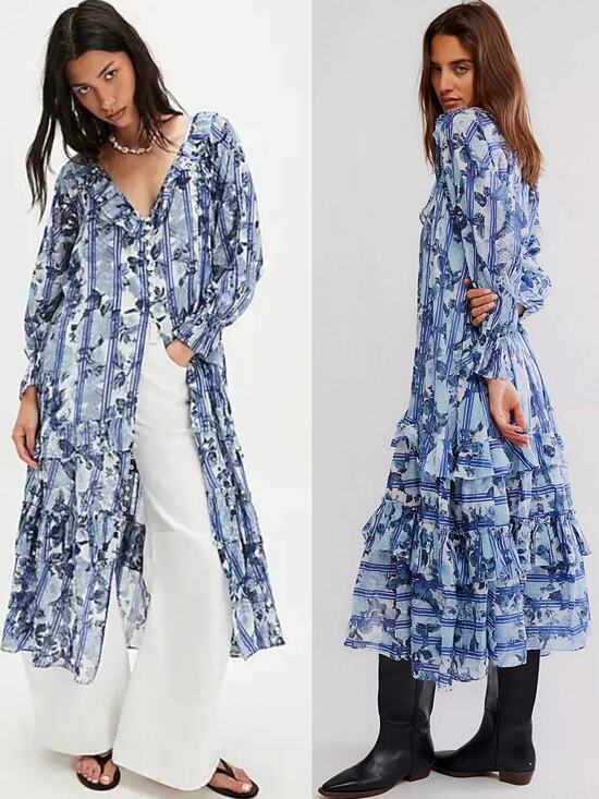 Free People Dresses & Skirts - Free People Dainty Ruffle Cottage Garden Wonders Maxi Dress in Blue Combo XL